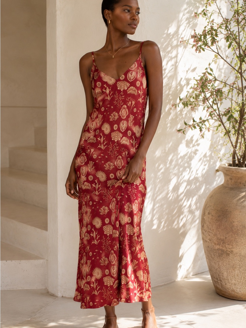 Carolina K Sydney Burgundy Coral Floral Slip Midi Dress Sz Medium Boho Resort